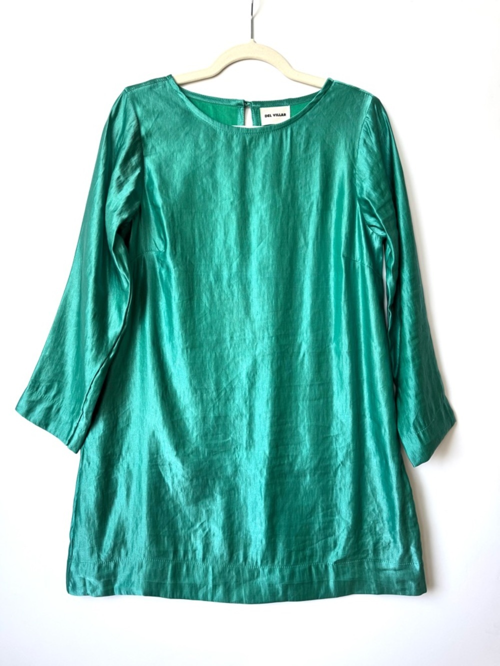 Del Villar green a-line shift dress in silk and linen blend
